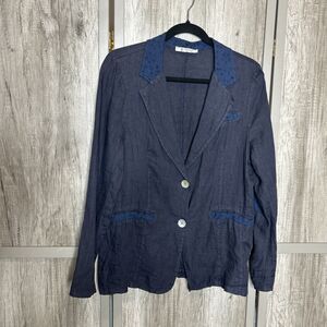 Femme Fatale Linen Blazer Size M Boho Lagenlook Eyelet Trim Navy Blue